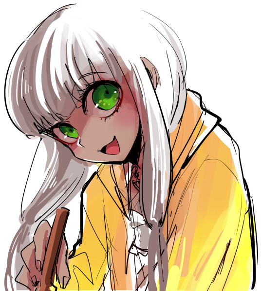 1girl, dangan_ronpa, dark_skin, ganguro, green_eyes, jacket, low_twintails, new_dangan_ronpa_v3, simple_background, sk816, smile, solo, twintails, upper_body, white_background, white_hair, yellow_jacket, yonaga_angie