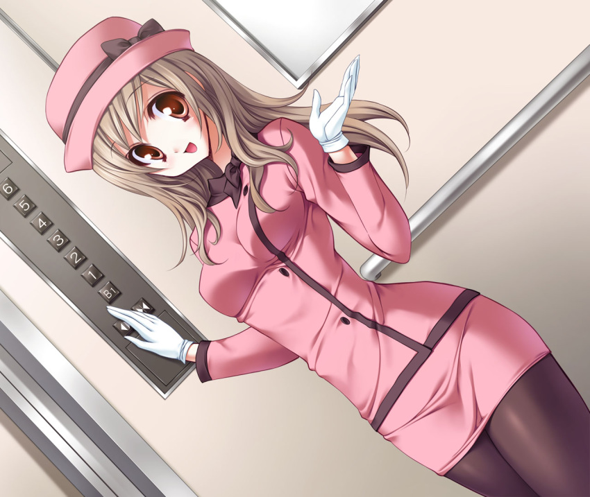 1girl, brown_eyes, brown_hair, dutch_angle, elevator, elevator_girl, gloves, hat, hat_ribbon, hips, long_hair, open_mouth, pantyhose, ribbon, slender, smile, solo, tareme, uniform, yukiwo