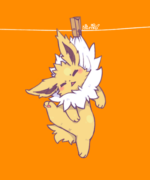 =_=, blush, clothes_pin, clothesline, full_body, hanging, jolteon, leg_up