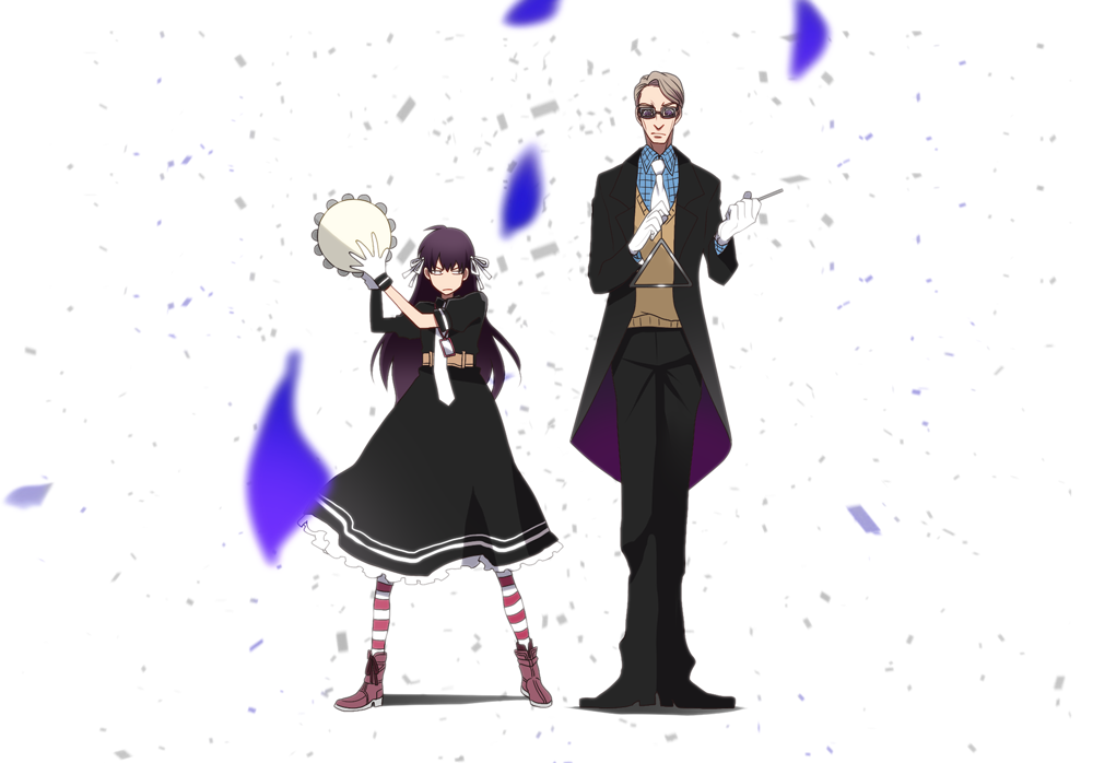 black_dress, black_jacket, black_pants, blank_eyes, blonde_hair, bow, checkered_shirt, confetti
