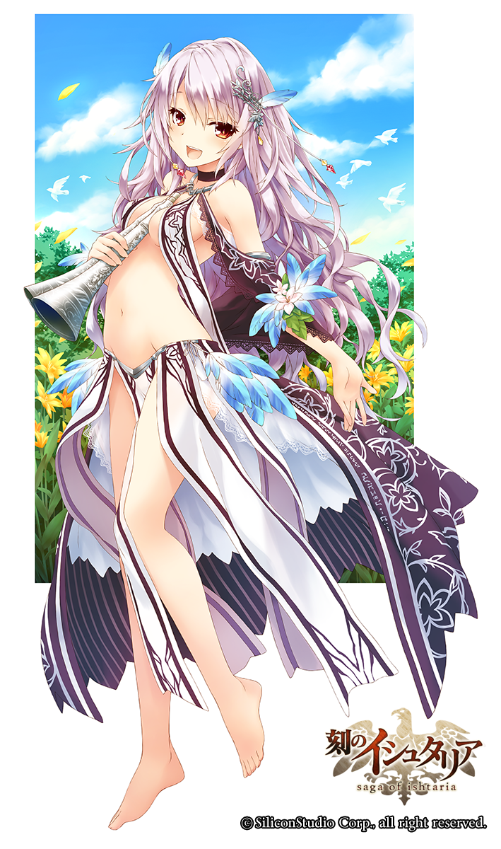 1girl, age_of_ishtaria, barefoot, bird, breasts, brown_eyes, copyright_name, eyebrows, eyebrows_visible_through_hair, feathers, full_body, groin, hair_feathers, hair_ornament, highres, instrument, long_hair, looking_at_viewer, medoi, navel, open_mouth, original, purple_hair, saeki_touma, side_ponytail, sideboob, solo, toki_no_ishutaria