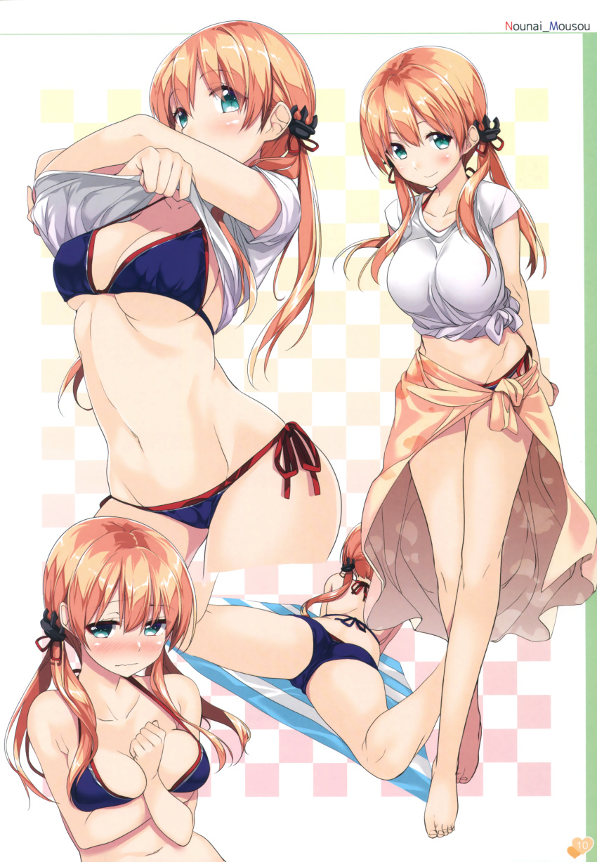 1girl, absurdres, arms_behind_back, ass, barefoot, bikini, blonde_hair, blue_bikini