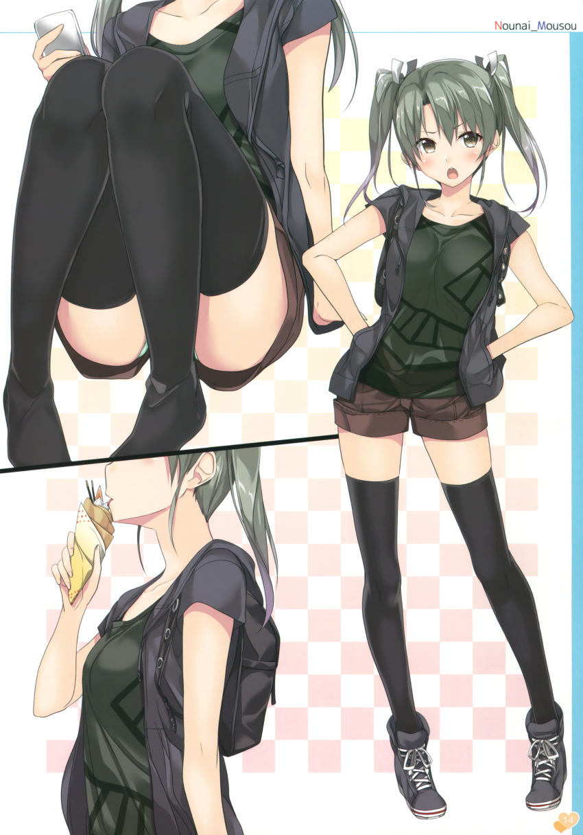 1girl, absurdres, black_legwear, breasts, brown_eyes, cellphone, crepe, eating