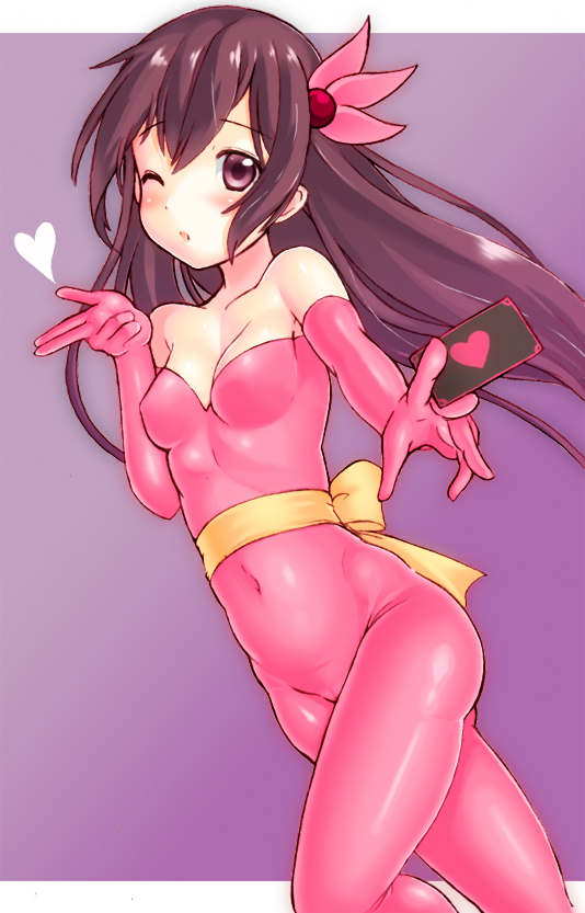 1girl, bodysuit, brown_eyes, brown_hair, card, cat's_eye, cosplay, female