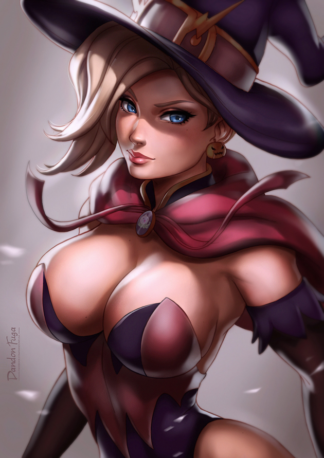 1girl, alternate_costume, blonde_hair, blue_eyes, breasts, cleavage, dandon_fuga, hat