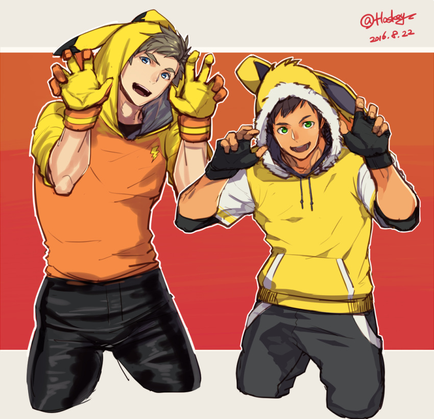 2016, 2boys, animal_hood, blonde_hair, dark_skin, dark_skinned_male, dated, fingerless_gloves