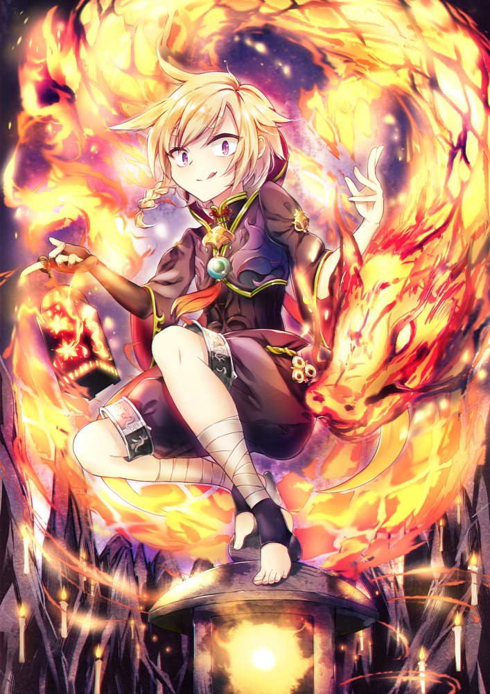 1girl, :p, ankle_wraps, armor, barefoot, blonde_hair, braid, crazy_eyes, crossed_legs, fire, flat_chest, kaio_(watagami), original, pyrokinesis, short_hair, shorts, sitting, toeless_socks, tongue, tongue_out
