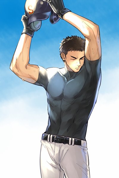 1boy, ace_of_diamond, baseball_uniform, belt, black_gloves, closed_eyes, gloves, headwear_removed