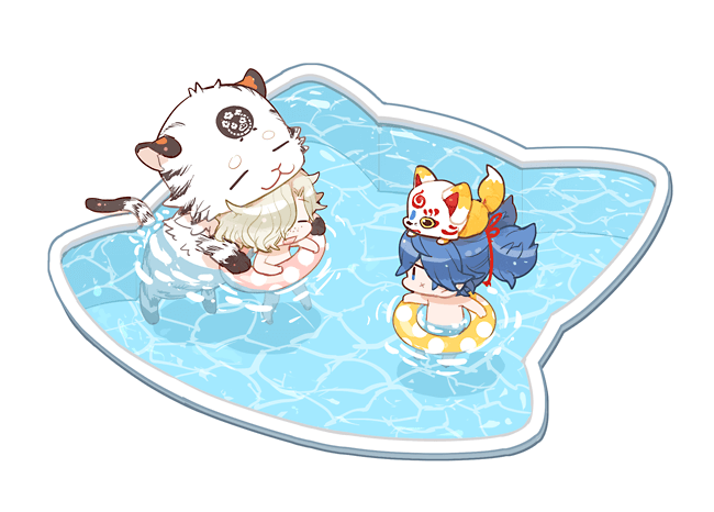 2boys, :3, animal, animal_on_head, blue_eyes, blue_hair, chibi, closed_eyes, fox, freckles, gokotai, gokotai's_tigers, hair_over_one_eye, hysd, innertube, kiwame_(touken_ranbu), konnosuke, male_focus, multiple_boys, pale_skin, pool, sayo_samonji, scar, smile, tiger, touken_ranbu, water, white_hair