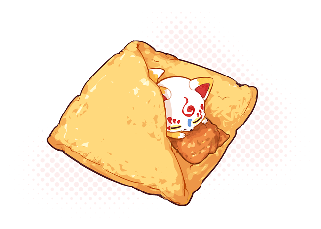 aburaage, closed_eyes, food, fox, halftone, hysd, konnosuke, no_humans