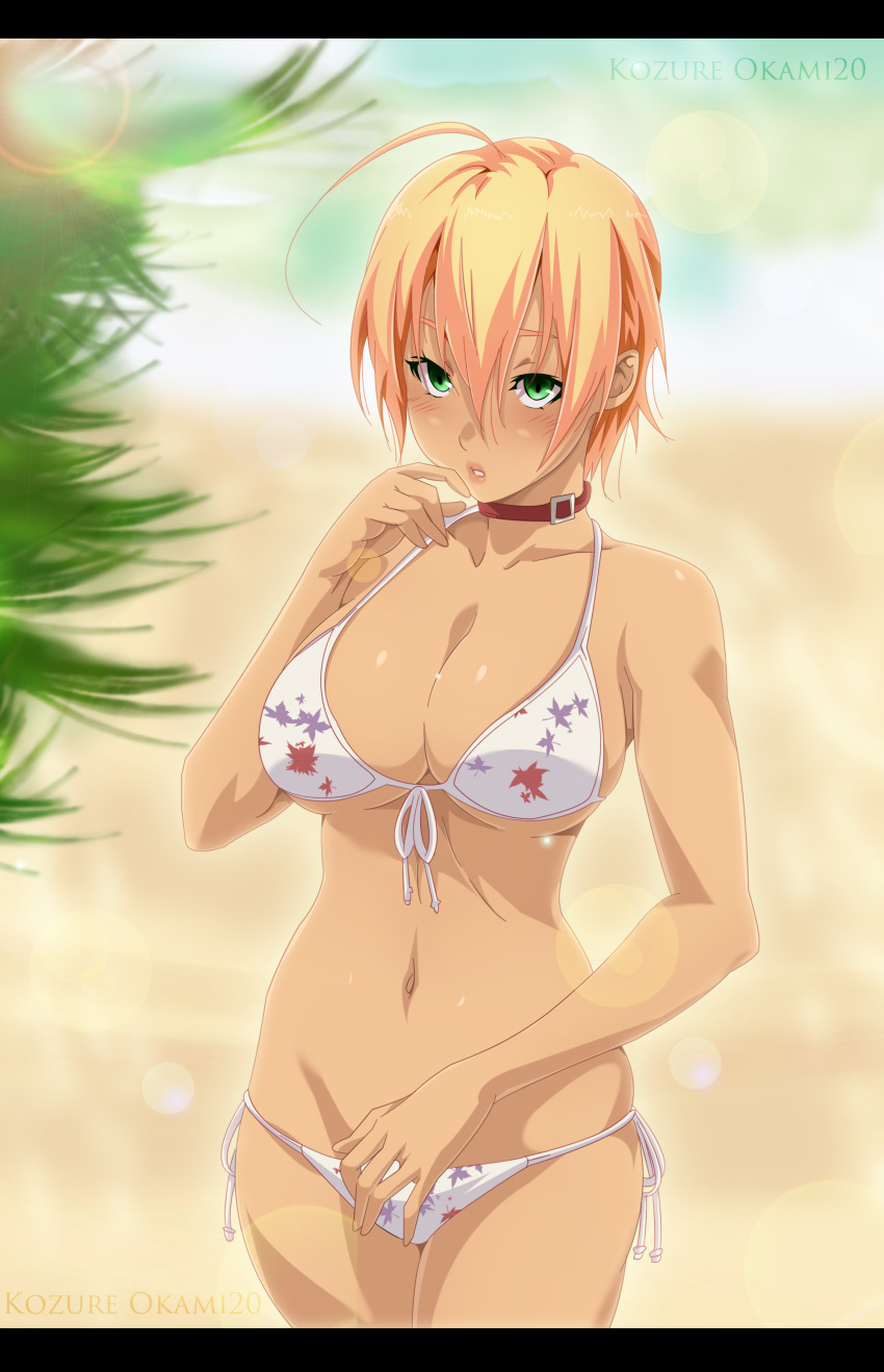 1girl, absurdres, ahoge, bikini, blue, blush, dark_skin, highres, kozureokami20, micro_bikini, mito_ikumi, open_eyes, shokugeki_no_souma, smile, solo, swimsuit, upper_body
