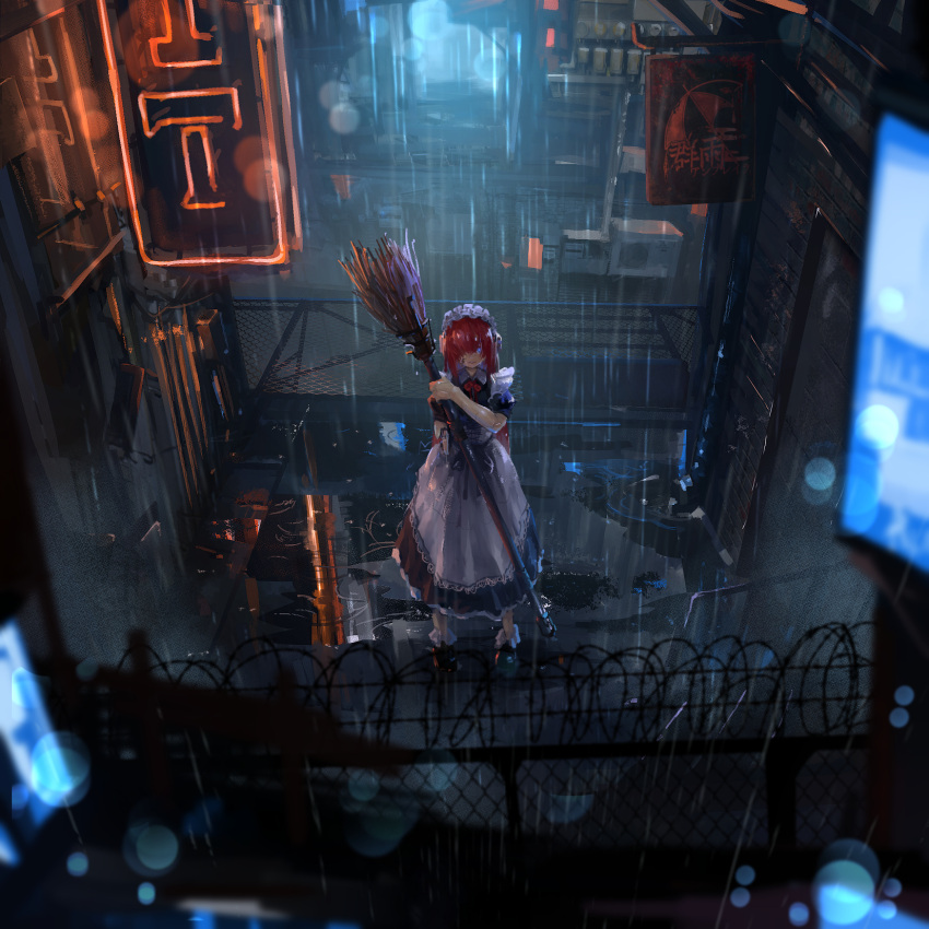1girl, broom, cyborg, hair_over_one_eye, hair_ribbon, highres, kaatoso, long_hair, maid, maid_headdress, rain, redhead, ribbon, seihou, solo, vivit