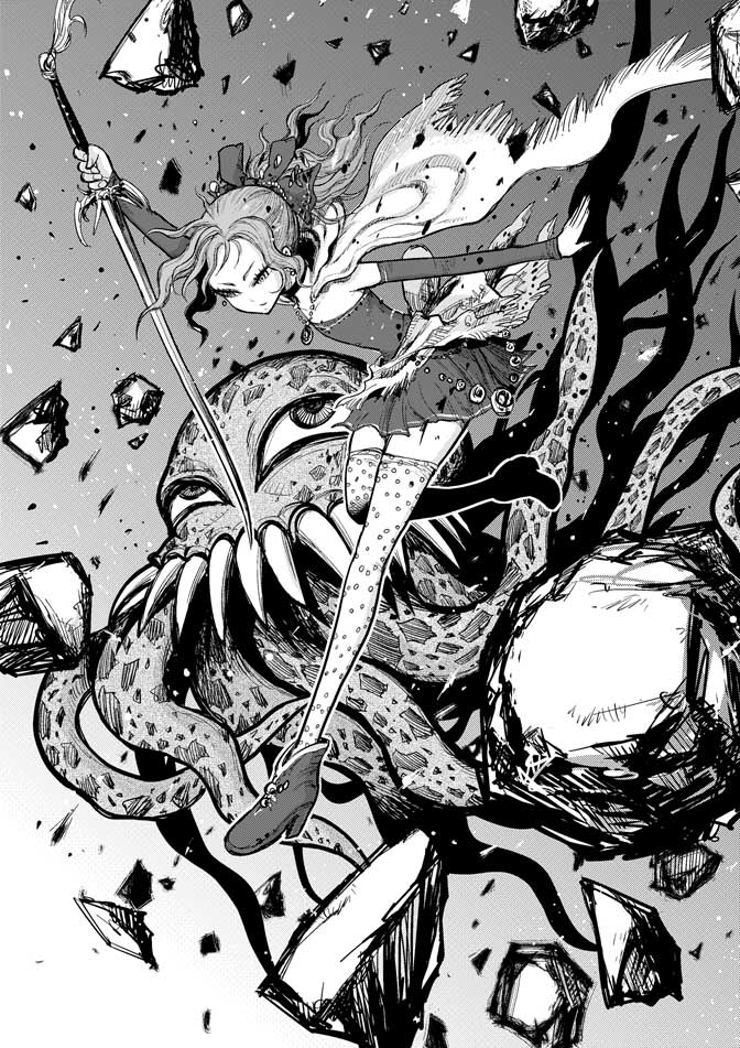 cape, final_fantasy, final_fantasy_vi, hair_ribbon, jumping, monochrome, nakayama_atsushi, octopus, orthros, ribbon, rock, shoes, sword, tentacles, thigh-highs, tina_branford, weapon