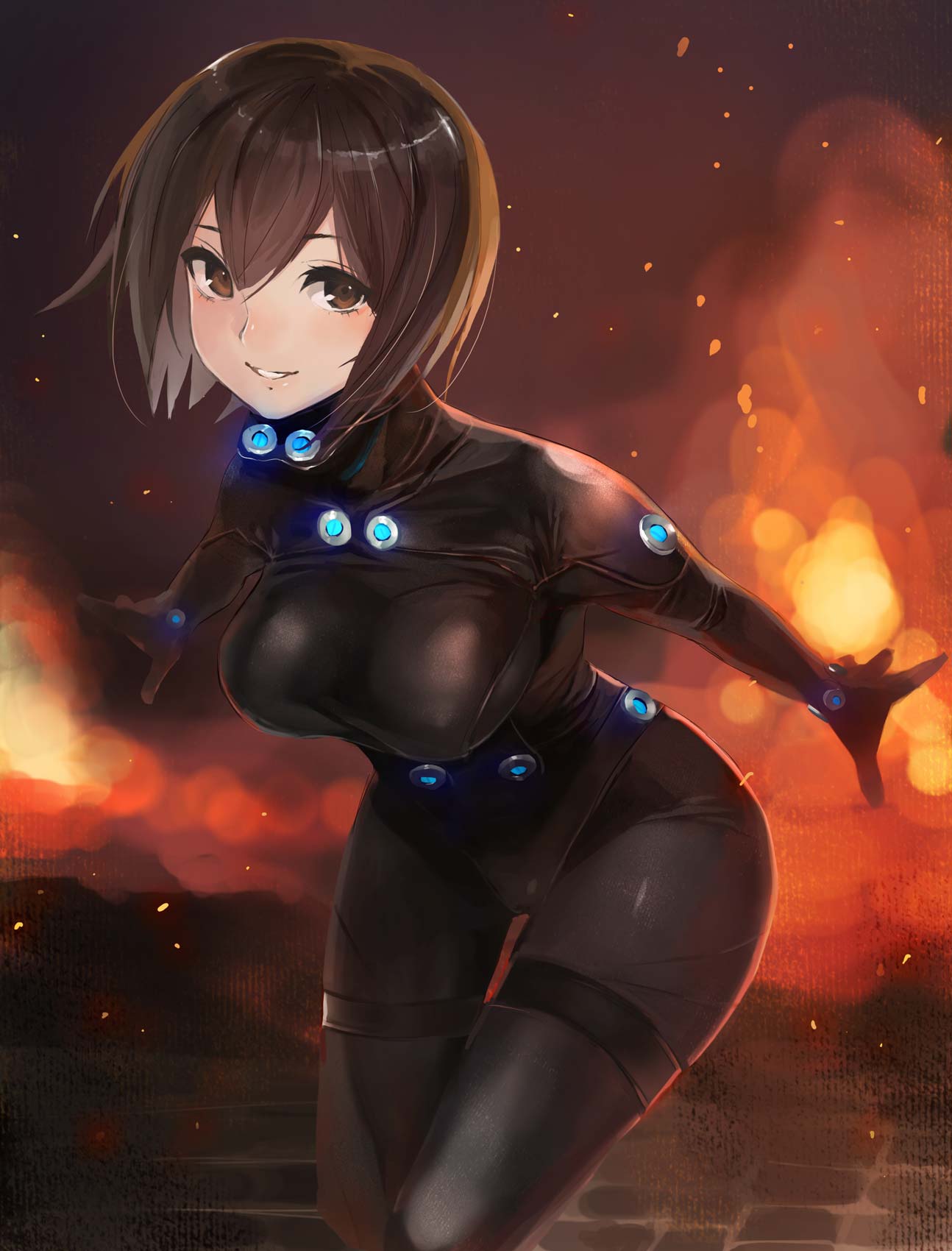 1girl, black_hair, bodysuit, breasts, brown_eyes, gantz, gantz_suit, highres, large_breasts, leaning_forward, parted_lips, short_hair, smile, solo, taishi_(picchiridou), yamasaki_anzu