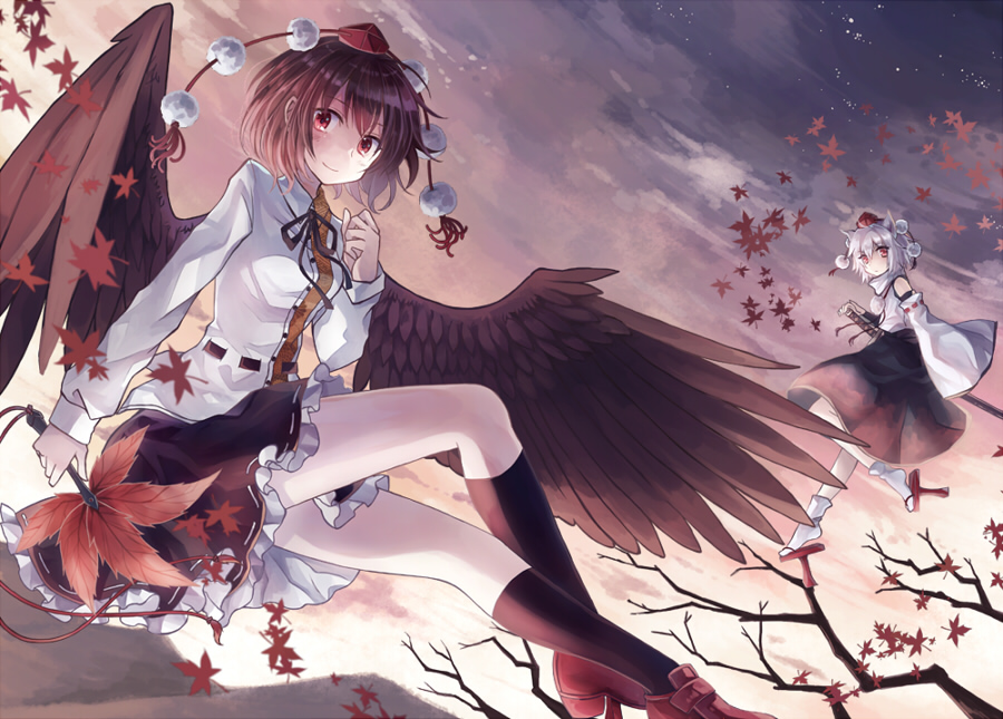 2girls, animal_ears, black_hair, black_legwear, black_ribbon, black_skirt, black_wings, blush