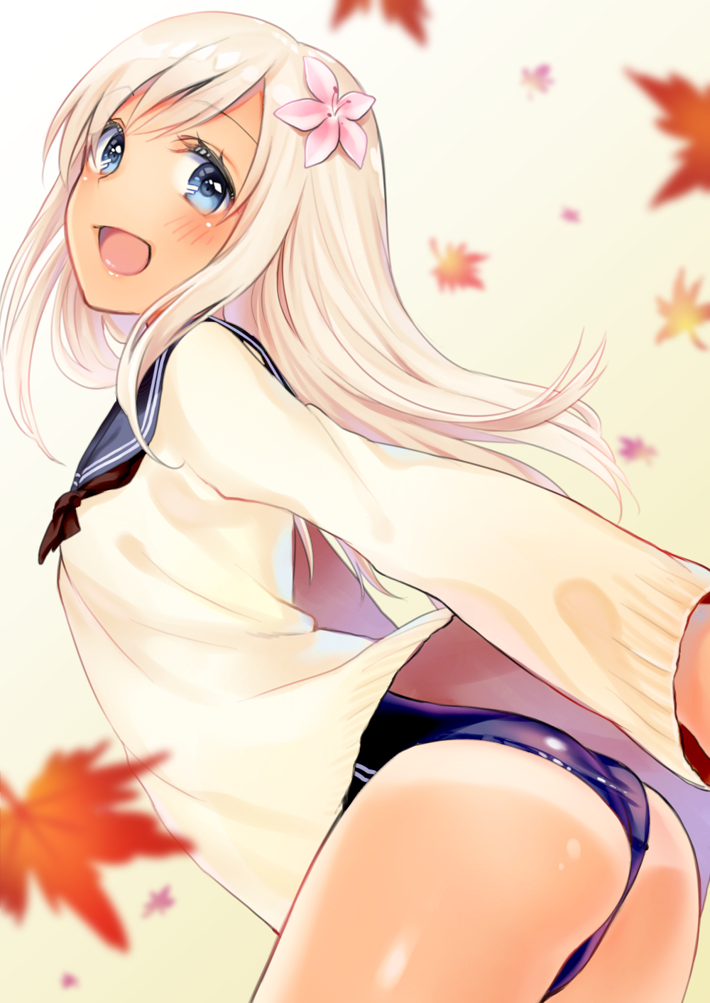 1girl, ass, autumn_leaves, blue_eyes, commentary_request, flower, hair_flower, hair_ornament