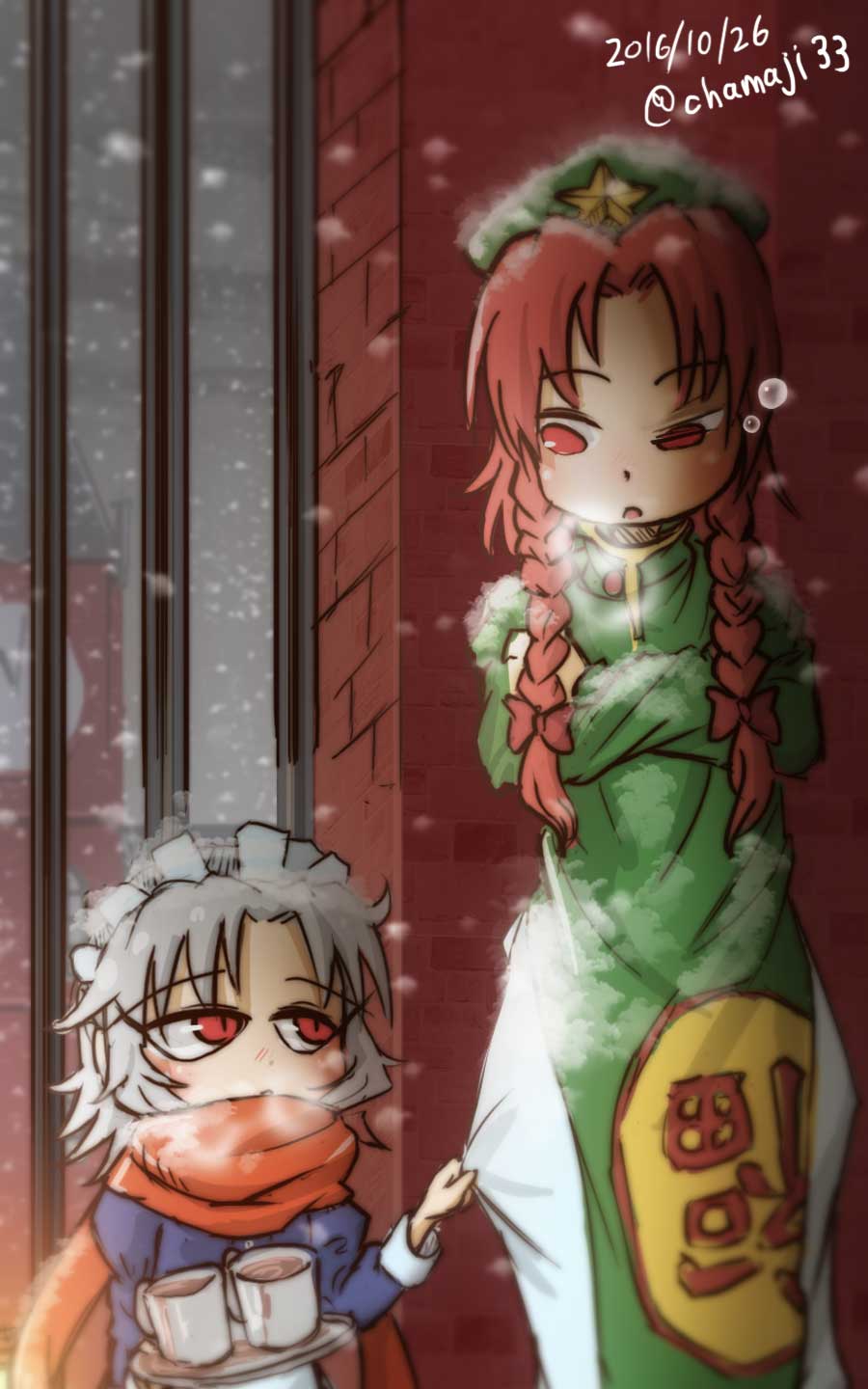 2girls, artist_name, blue_dress, braid, brick_wall, chamaji, clock, clock_tower, cup, dao_fu, dated, dress, highres, hong_meiling, izayoi_sakuya, kneeling, maid, maid_headdress, mug, multiple_girls, red_eyes, redhead, scarf, silver_hair, snow, steam, touhou, tower, wall