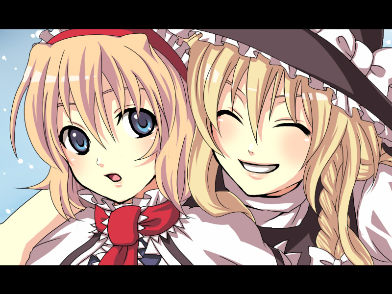 alice_margatroid, blonde_hair, blue_eyes, braid, hairband, hat, irino, kirisame_marisa