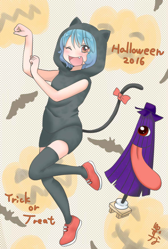 1girl, animal_ears, black_dress, blue_hair, cat_ears, cat_tail, commentary_request, dress