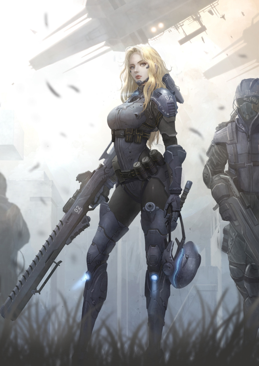 1girl, 2boys, aircraft, armor, blonde_hair, flying, gun, helicopter