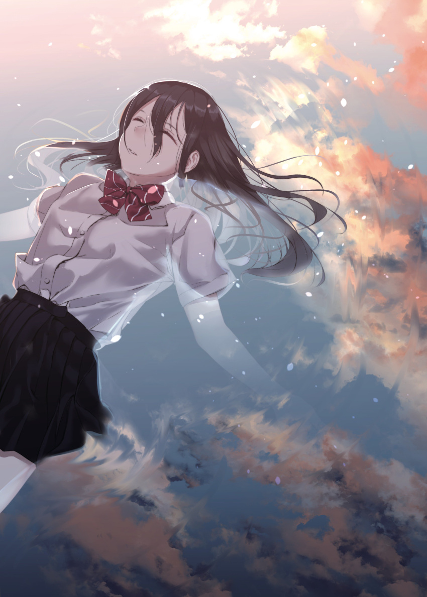 1girl, absurdres, brown_hair, closing_eyes, clouds, floating, floating_hair, highres