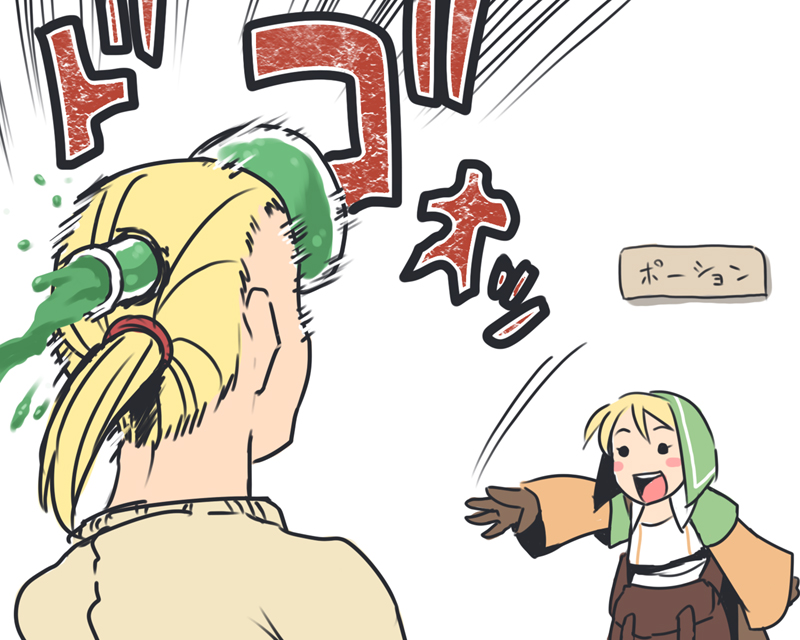 blonde_hair, blush, bottle, chemist, chemist_(fft), final_fantasy, final_fantasy_tactics, gloves