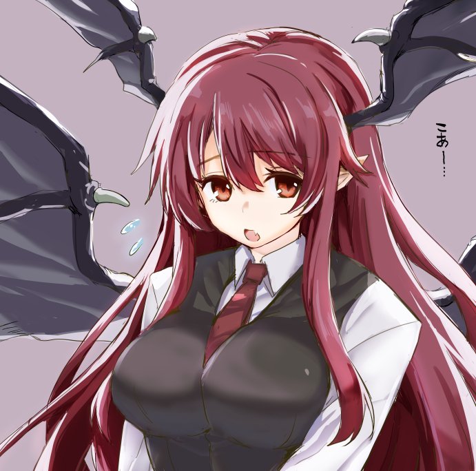 1girl, :o, bat_wings, black_vest, breasts, collared_shirt, dress_shirt, fang