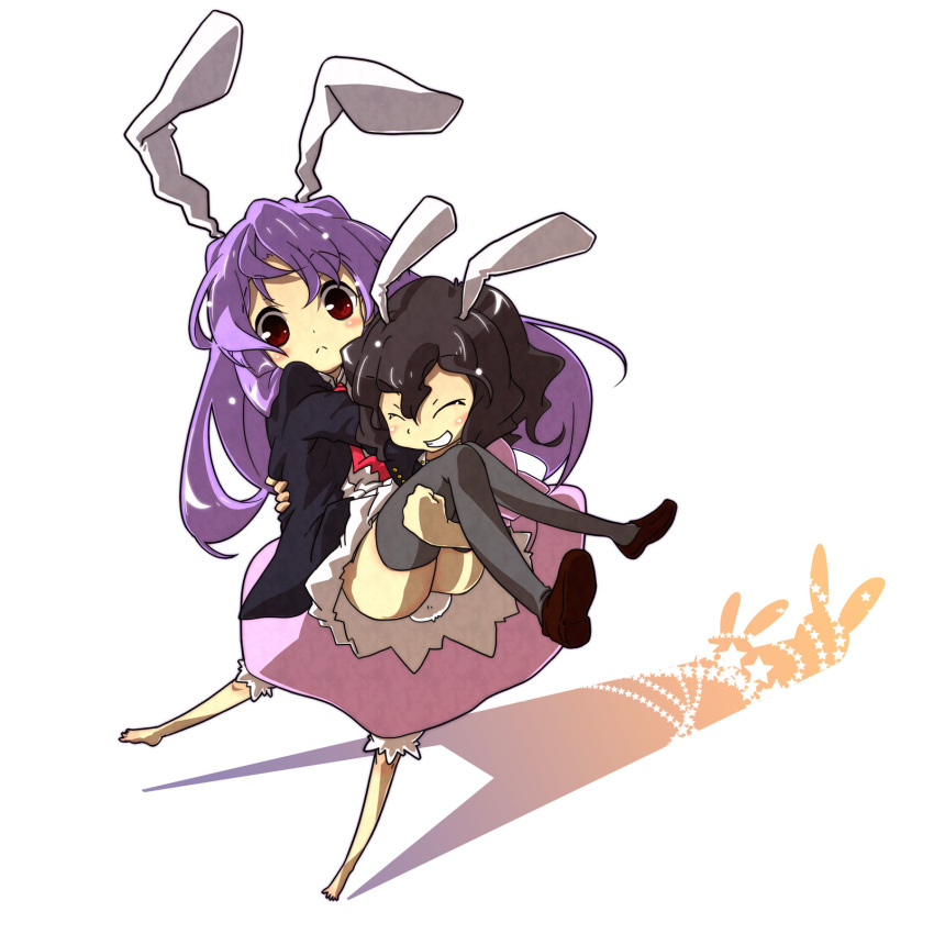 animal_ears, bad_id, barefoot, blush, brown_hair, bunny_ears, carrying, dress