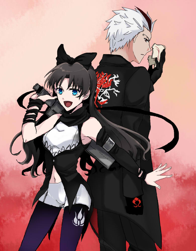 1boy, 1girl, :d, adam_taurus, adam_taurus_(cosplay), akira_(ubw), archer, black_hair