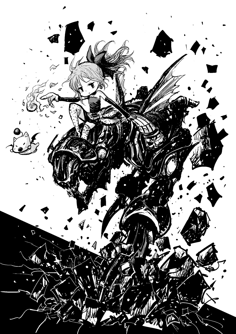 1girl, chibi, commentary_request, final_fantasy, final_fantasy_vi, greyscale, high_contrast, highres