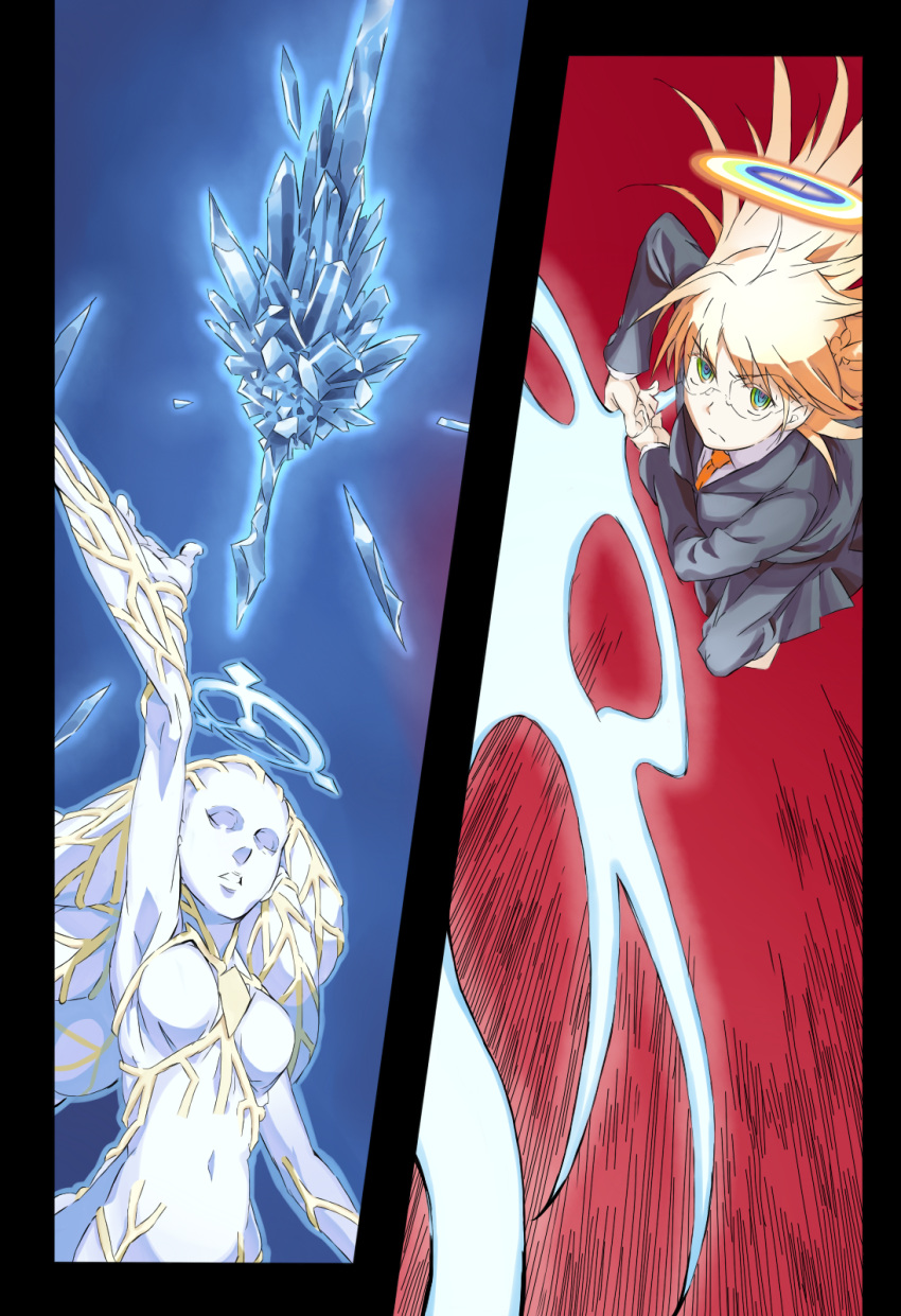 2girls, angel, angel_halo, archangel_gabriel, blazer, blonde_hair, colored, crystal