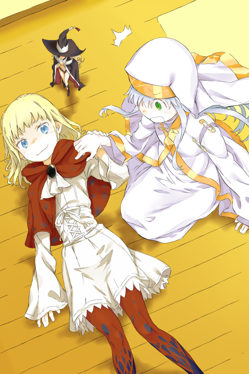 3girls, blonde_hair, blue_eyes, cape, colored, dress, green_eyes, habit