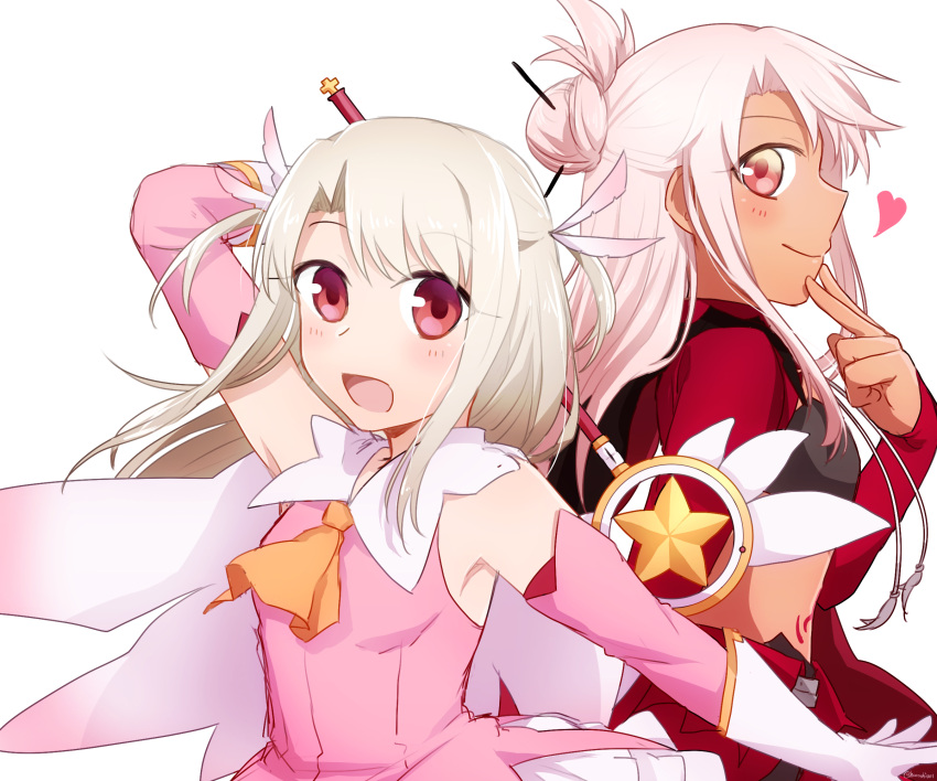 2girls, arm_up, bare_shoulders, chloe_von_einzbern, dark_skin, elbow_gloves, fate/kaleid_liner_prisma_illya, fate_(series), feathers, gloves, hair_feathers, harahara_(harashi001), heart, highres, holding_wand, kaleidostick, long_hair, looking_at_viewer, magical_ruby, multiple_girls, open_mouth, prisma_illya, red_eyes, upper_body, white_gloves, white_hair