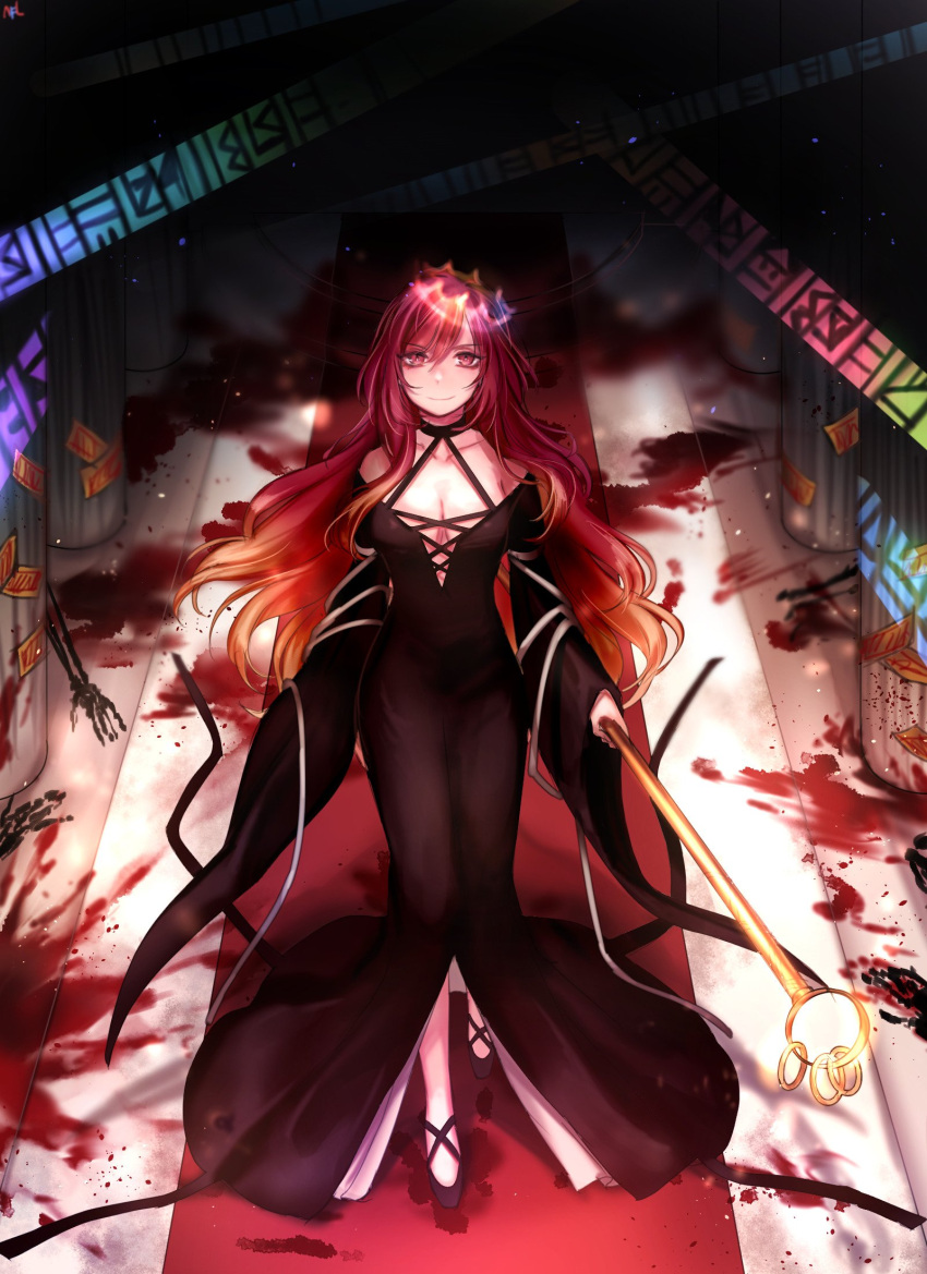 1girl, alternate_costume, bare_shoulders, black_dress, black_shoes, blood, blood_splatter, breasts, brown_hair, choker, cleavage, collarbone, column, crown, dress, full_body, gradient_hair, high_heels, highres, hijiri_byakuren, jewelry, long_hair, long_sleeves, looking_at_viewer, medium_breasts, multicolored_hair, pillar, purple_hair, ring, shoes, skeletal_arm, smile, solo, sorcerer's_sutra_scroll, staff, stone_pillar, tis_(shan0x0shan), touhou, violet_eyes, walking, wide_sleeves