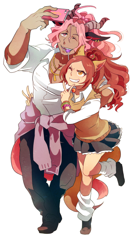 1boy, 1girl, accessories_switch, alternate_costume, animal_ears, argon_(show_by_rock!!), arm_around_waist, candy