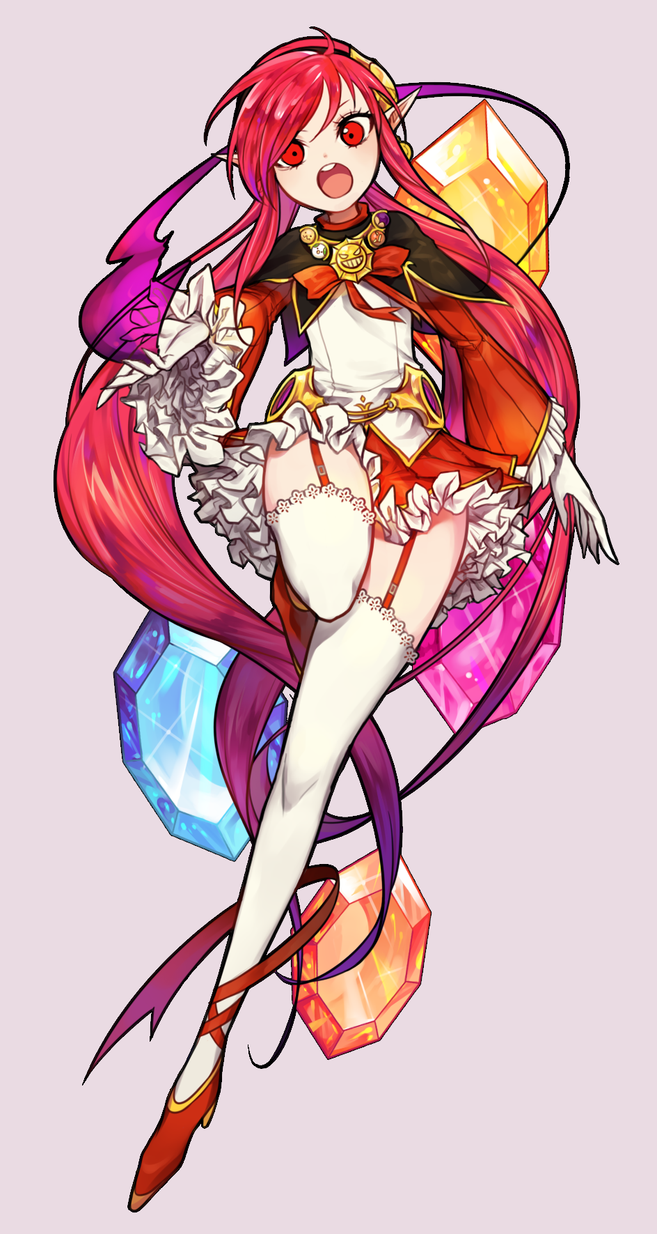 :o, absurdly_long_hair, ankle_lace-up, arm_at_side, badge, bangs, brooch, button_badge