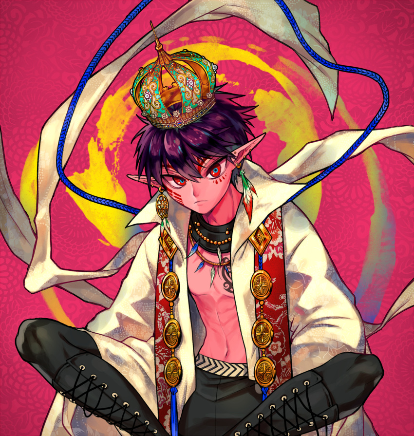 1boy, aiolos, bead_necklace, beads, black_boots, black_hair, black_pants, boots