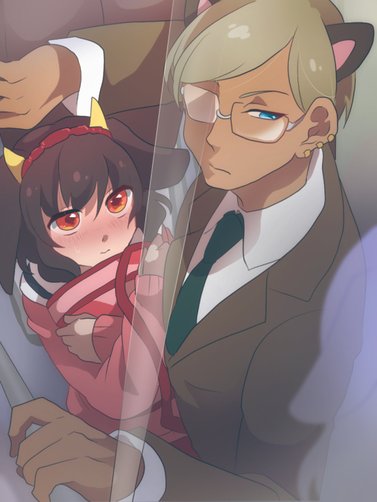1boy, 1girl, alternate_hairstyle, animal_ears, bangs, blonde_hair, blue_eyes, brown_hair