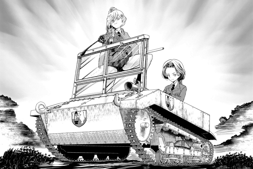 2girls, black_boots, black_gloves, boots, braid, c2p, capelet, caterpillar_tracks, commentary, commentary_request, dress_shirt, emblem, fourragere, girls_und_panzer, girls_und_panzer_ribbon_no_musha, gloves, greyscale, hair_bun, hair_ornament, hair_over_shoulder, highres, jacket, jajka_(girls_und_panzer), leg_up, long_hair, long_sleeves, military, military_vehicle, miniskirt, monochrome, multiple_girls, necktie, pleated_skirt, riding_crop, shirt, single_braid, skirt, tractor, uszka_(girls_und_panzer), wojtek, yoyokkun