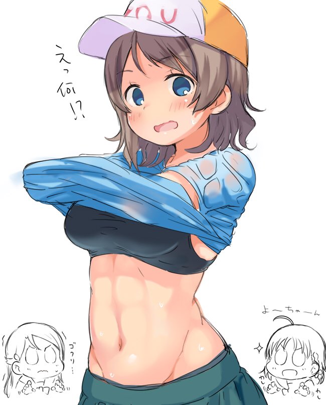 3girls, abs, baseball_cap, blue_eyes, brown_hair, hat, love_live!, love_live!_sunshine!!