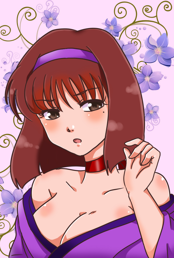1girl, bare_shoulders, breasts, brown_eyes, brown_hair, choker, cleavage, collarbone