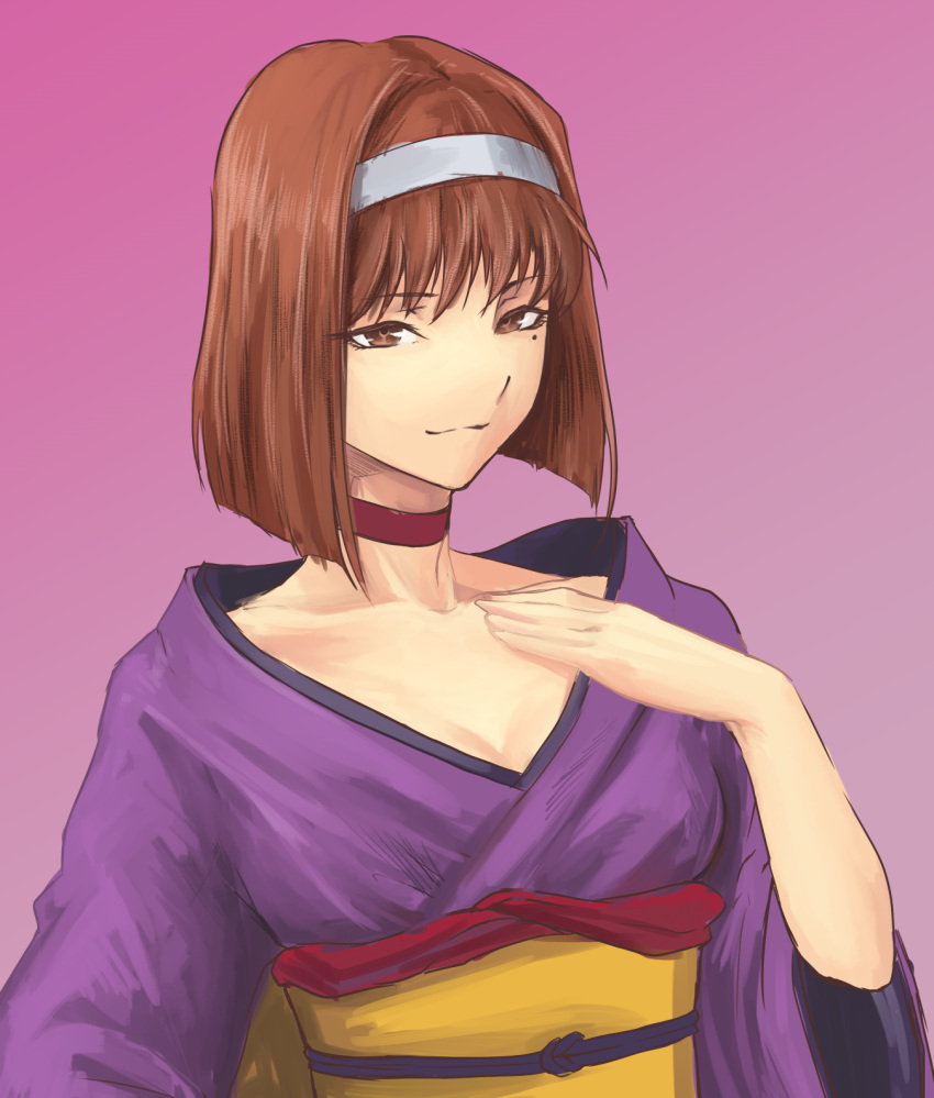 1girl, brown_eyes, brown_hair, choker, collarbone, gradient, gradient_background, hairband