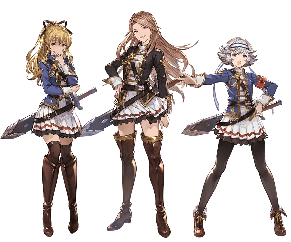 3girls, blonde_hair, bow, bowtie, brown_eyes, brown_hair, catalina_(granblue_fantasy), detached_sleeves