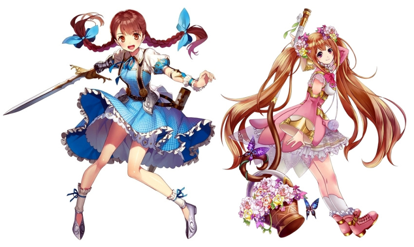 2girls, artist_request, basket, blush, bow, bowtie, braid, brown_eyes