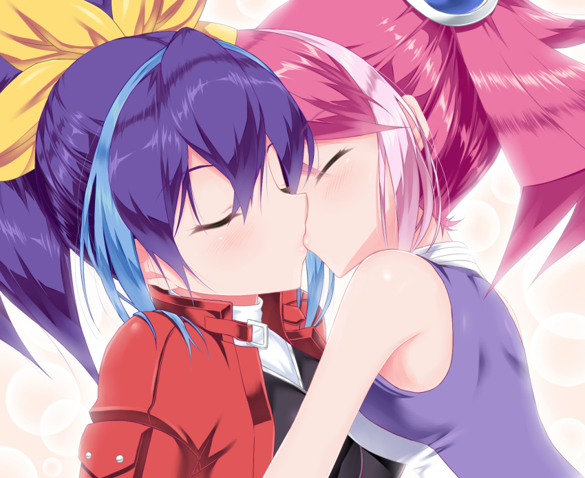 2girls, blue_hair, blush, bow, bracelet_girls, closed_eyes, couple, hair_bow
