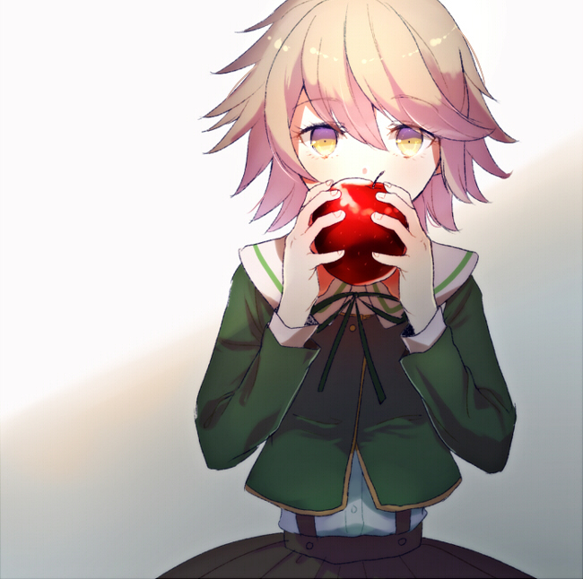 1boy, apple, blonde_hair, brown_hair, dangan_ronpa, food, fruit, fujisaki_chihiro