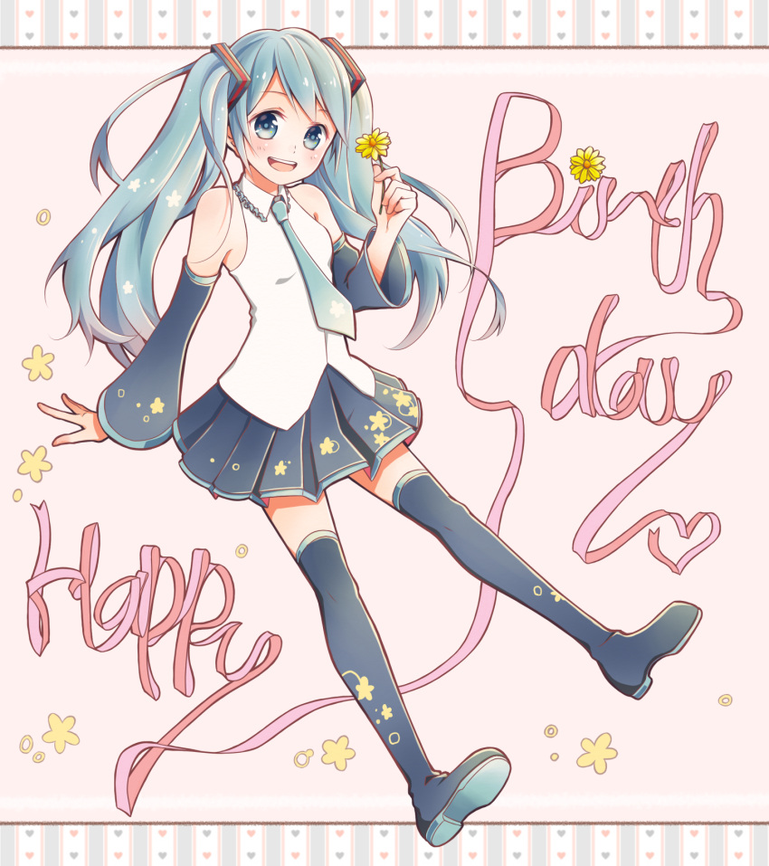 1girl, :d, aqua_eyes, aqua_hair, aqua_necktie, bare_shoulders, black_skirt, blush