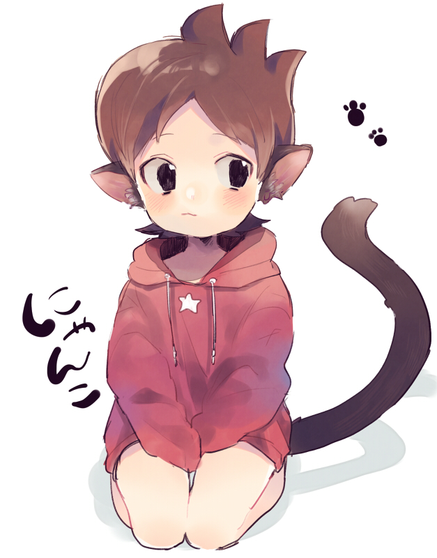 1boy, amano_keita, animal_ears, black_eyes, blush, brown_hair, cat_ears, cat_tail