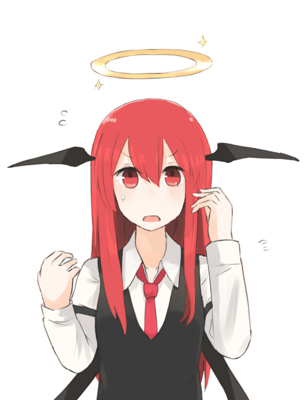 >:o, 1girl, :o, arm_up, armband, bat_wings, collared_shirt, cowboy_shot