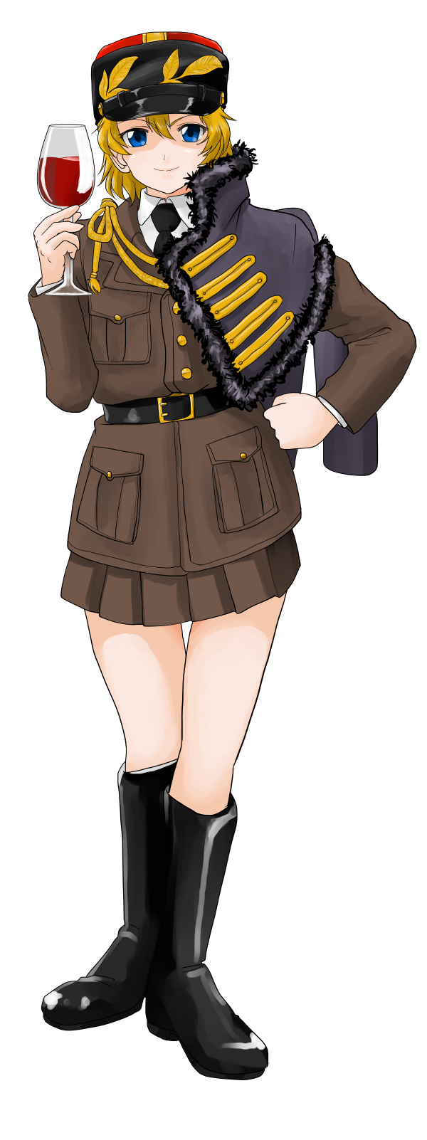 1girl, alcohol, asparagus_(girls_und_panzer), belt, black_boots, blonde_hair, blue_eyes, boots